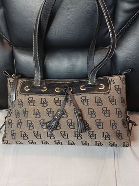 Dooney And Bourke Monogram Grey & Black Shoulder Bag with Tassel Accents